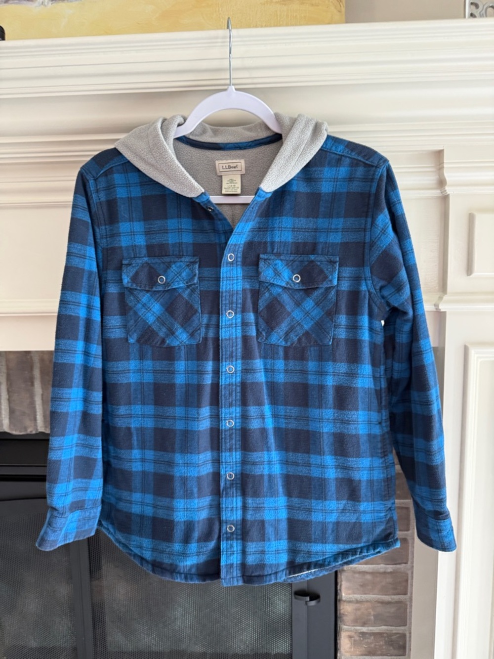 L.L. Bean Blue and Gray Plaid Hooded Button-Down Shirt - Kids - Picture 3 of 7